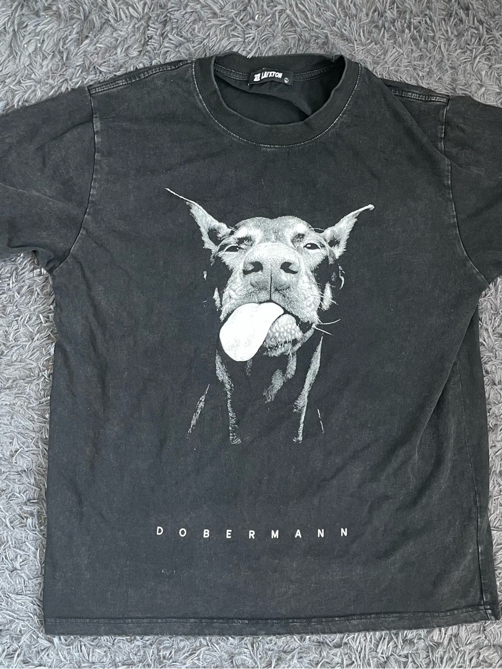 Men Size Large Laixton Washed Black Dog Graphic Print T-Shirt Doberman Tongue